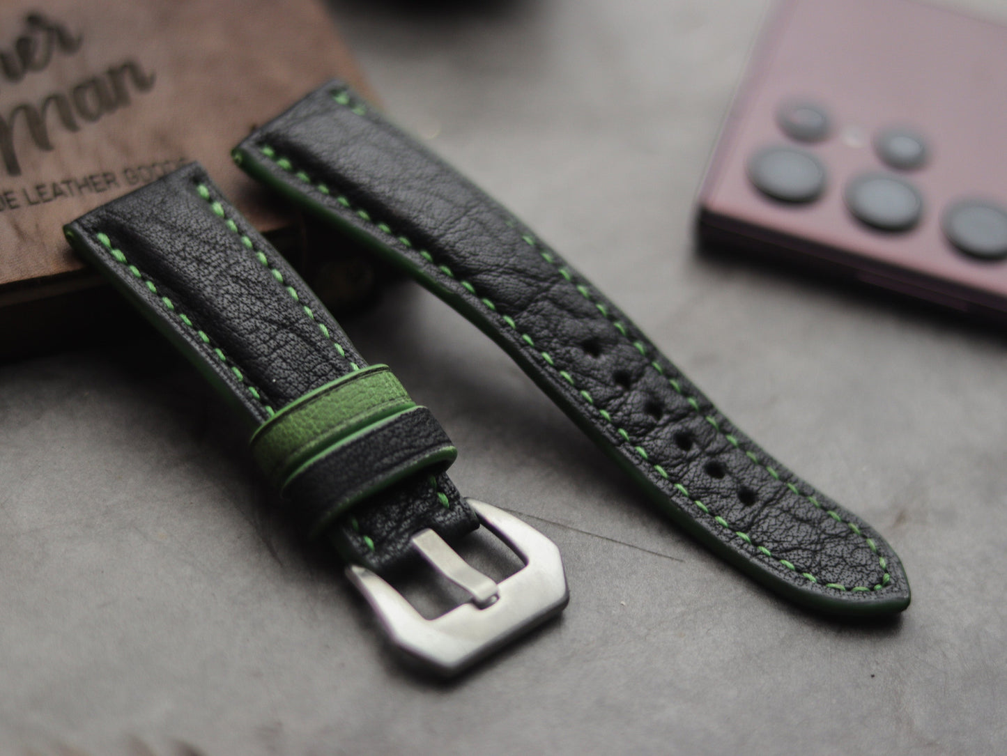 ITALIAN CHEVRE BLACK LEATHER ( GREEN ACCENT) - PADDED