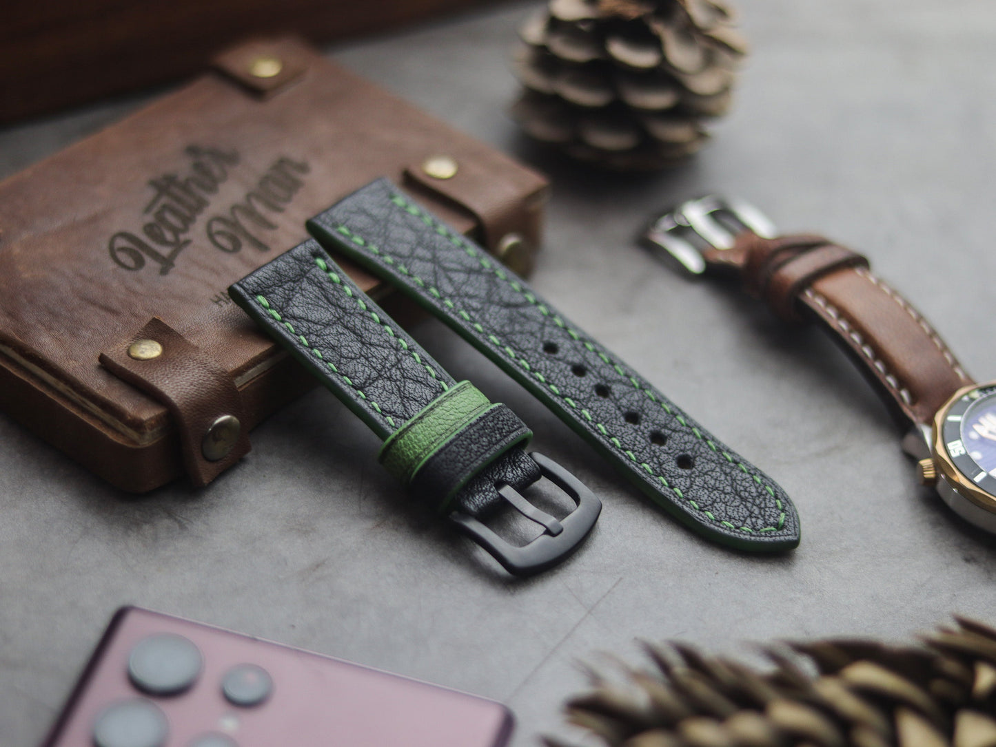 ITALIAN CHEVRE BLACK LEATHER (GREEN ACCENT)