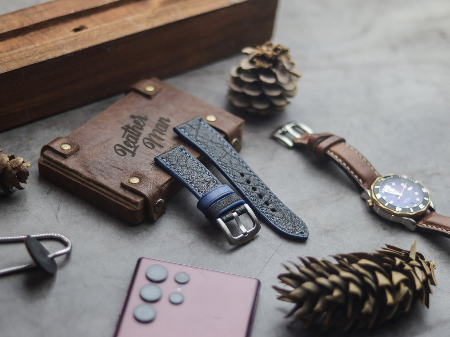 ITALIAN CHEVRE BLACK LEATHER (BLUE ACCENT)