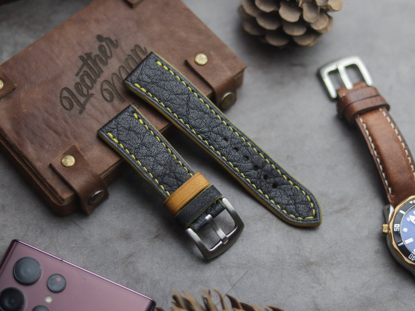 ITALIAN CHEVRE BLACK LEATHER (YELLOW ACCENT)