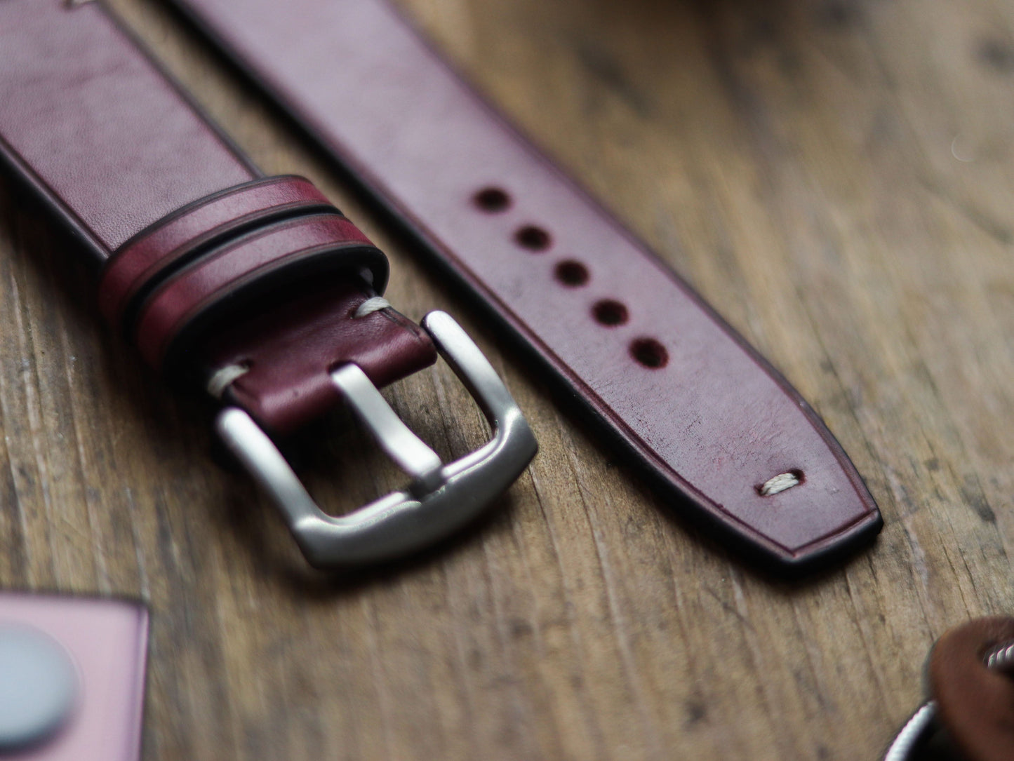 CARMINE BURGUNDY HAND-CRAFTED WATCH STRAPS - MINIMAL STITCHED