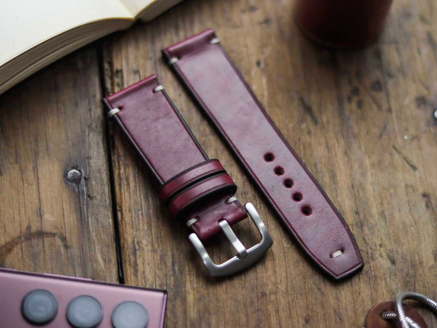 CARMINE BURGUNDY HAND-CRAFTED WATCH STRAPS - MINIMAL STITCHED
