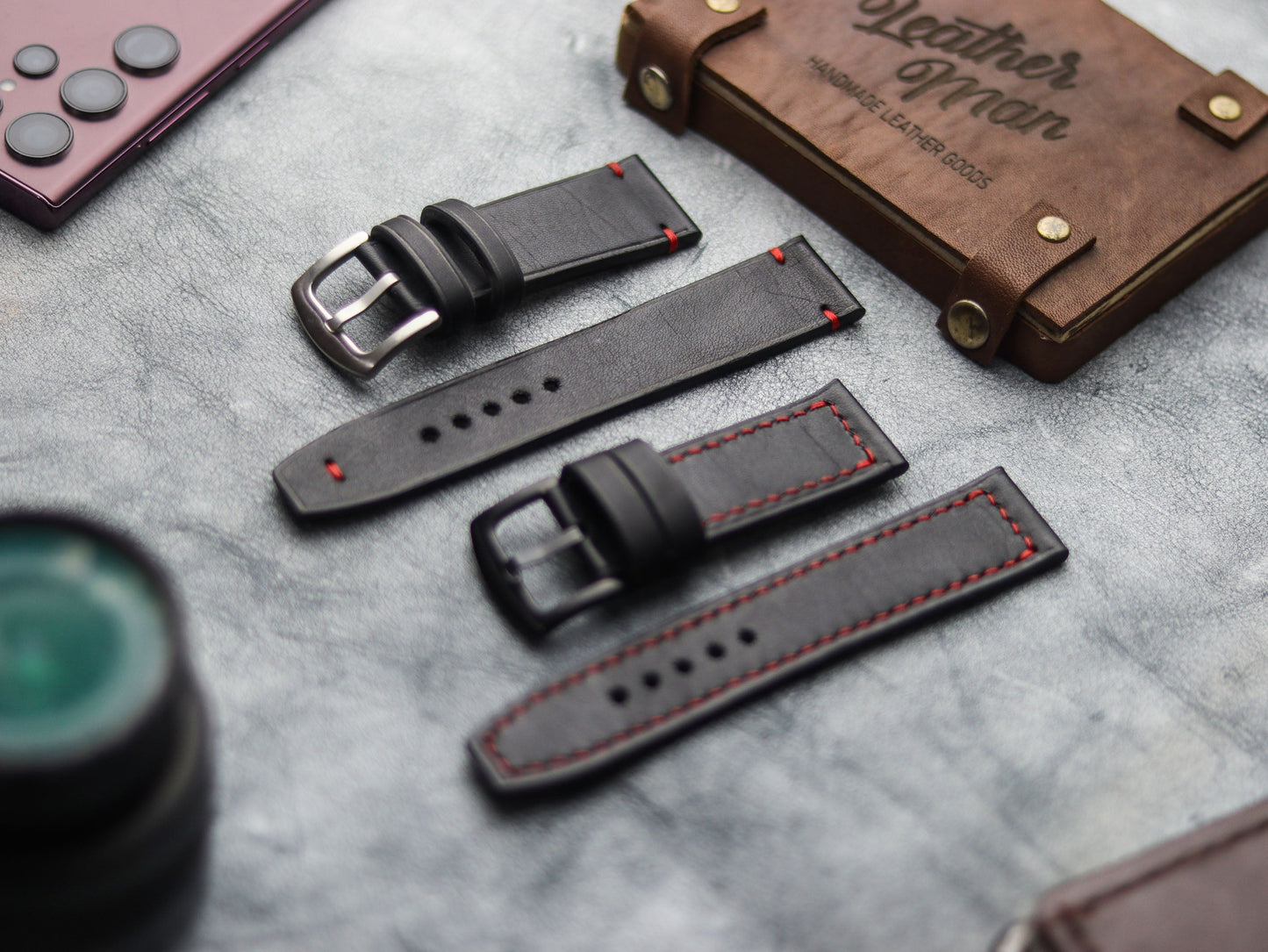 PHANTOM BLACK HAND-CRAFTED WATCH STRAPS - BOX STITCHED