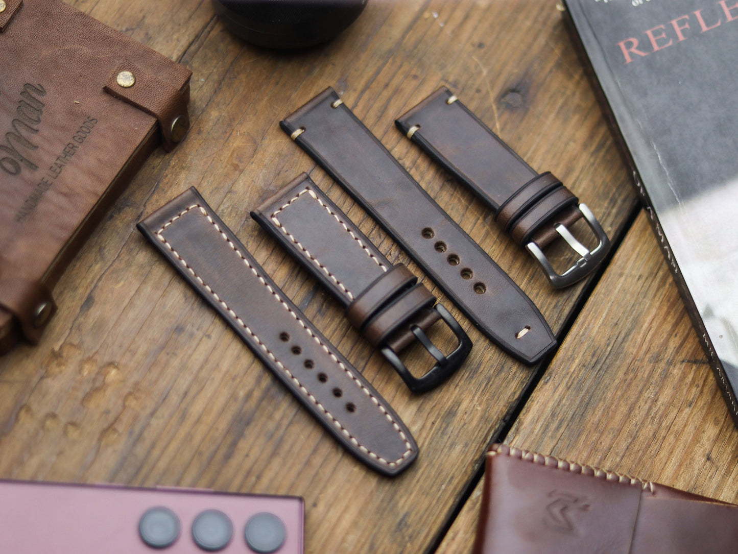 WALNUT BROWN HAND-CRAFTED WATCH STRAPS - BOX STITCHED