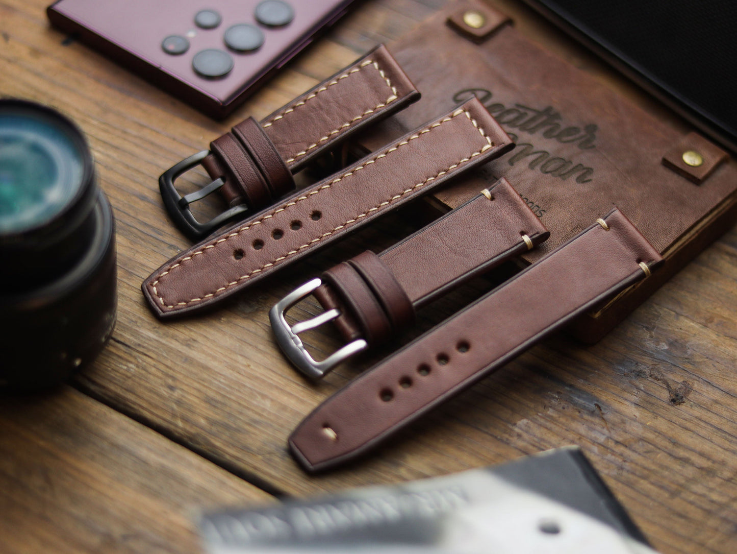 CHESTNUT BROWN HAND-CRAFTED WATCH STRAPS - BOX STITCHED