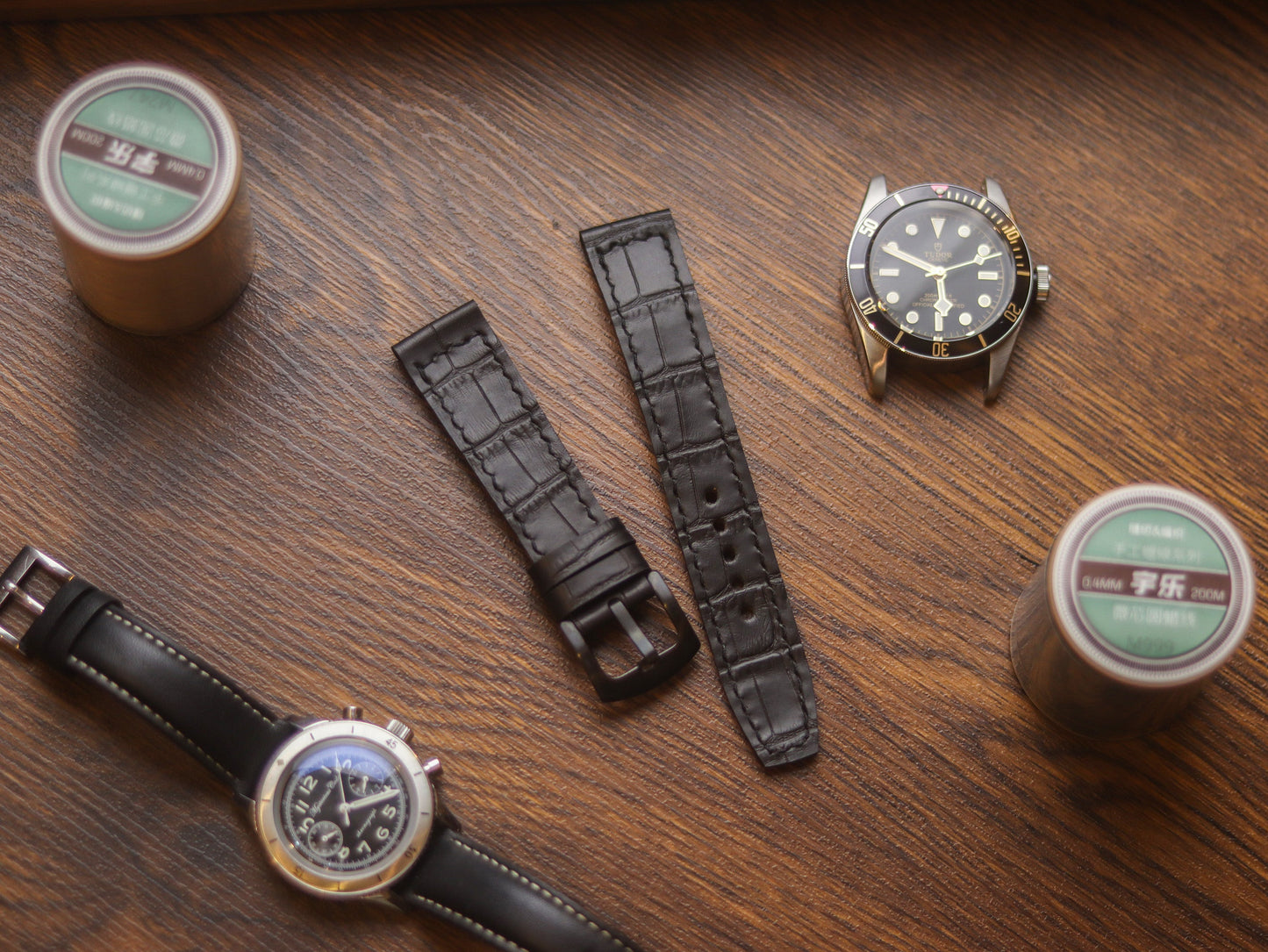 BLACK CROCO HAND-CRAFTED WATCH STRAPS - BOX STITCHED U-TAIL