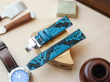 PYTHON SKIN WATCH STRAPS WITH BUTTERFLY CLASP - CERULEAN BLUE