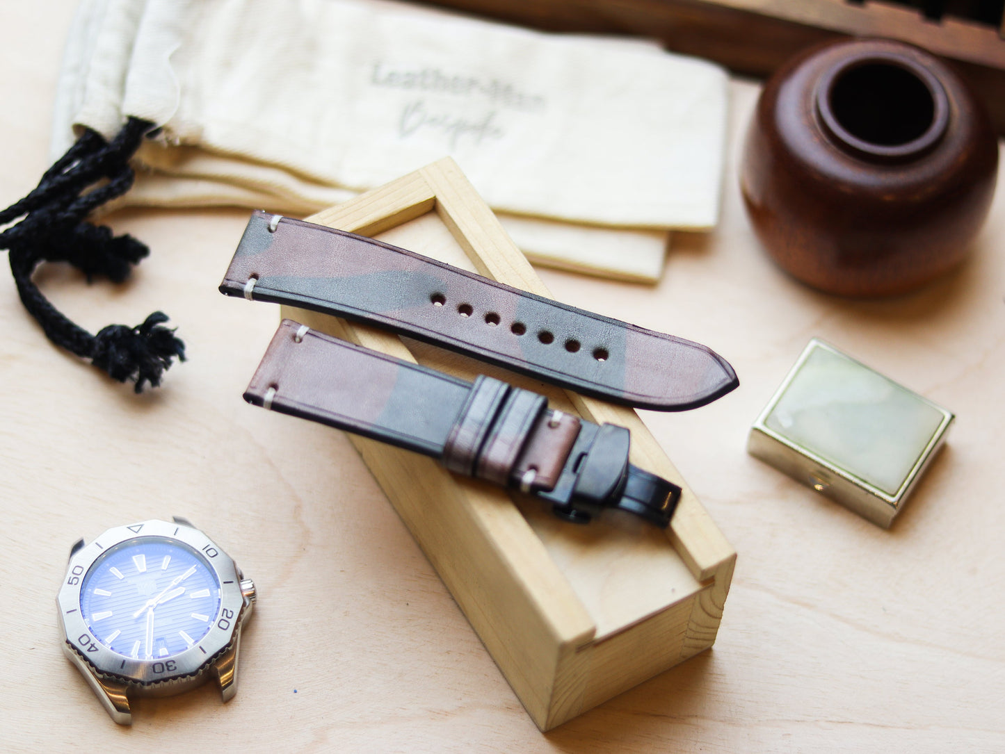 ITALIAN WAXED CAMOUFLAGE HAND-CRAFTED STRAPS MINIMAL STITCHED - COFFEE BROWN
