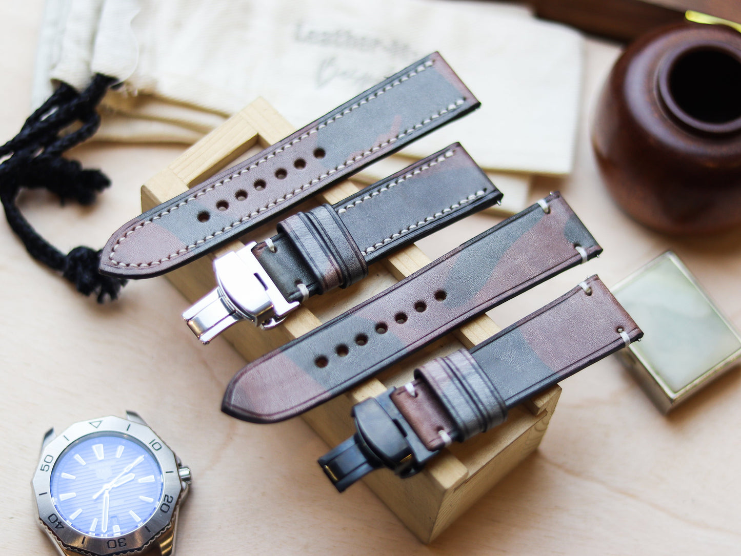 ITALIAN WAXED CAMOUFLAGE HAND-CRAFTED STRAPS MINIMAL STITCHED - COFFEE BROWN