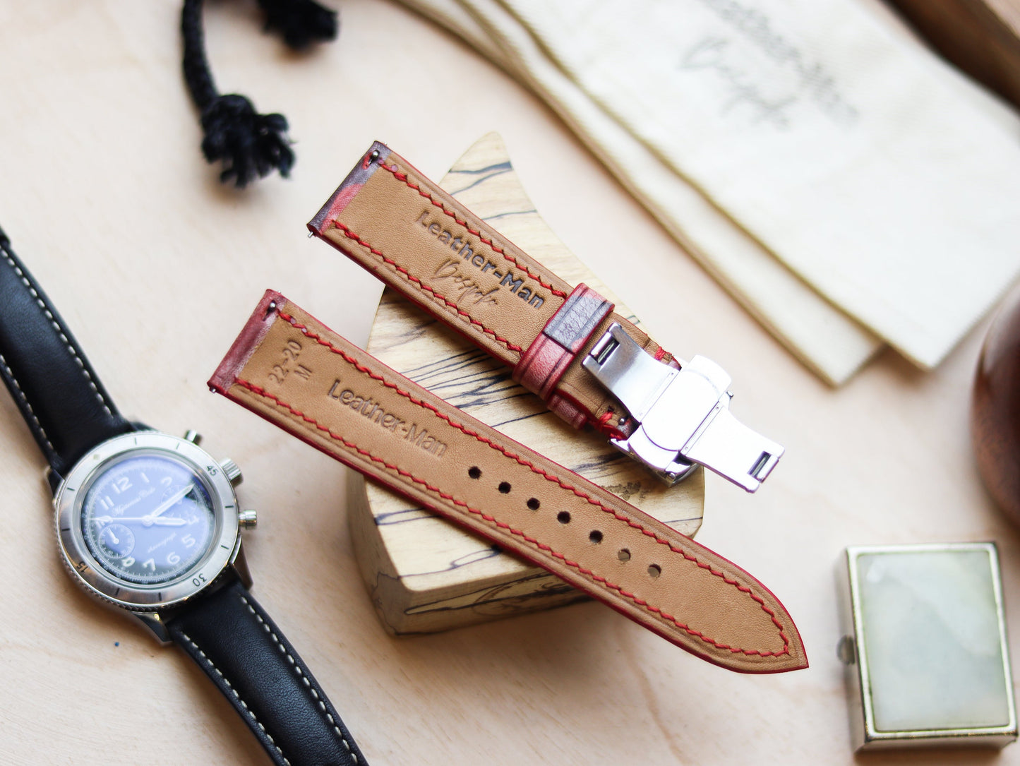 ITALIAN WAXED CAMOUFLAGE HAND-CRAFTED STRAPS FULL STITCHED - COREL RED
