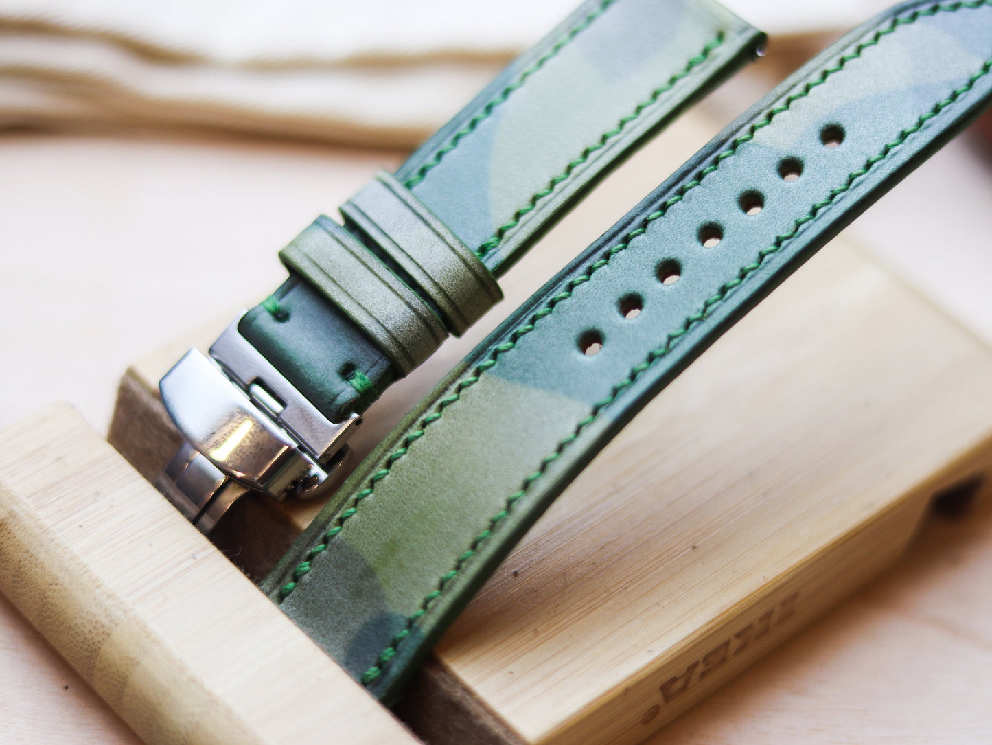 ITALIAN WAXED CAMOUFLAGE HAND-CRAFTED STRAPS FULL STITCHED - LIME GREEN