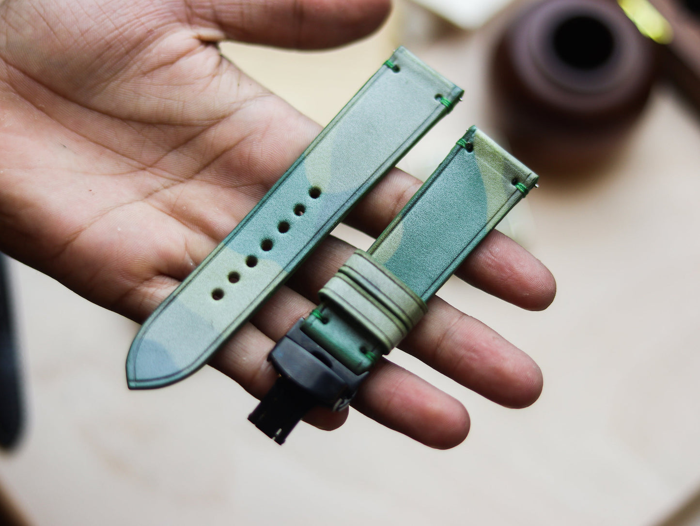 ITALIAN WAXED CAMOUFLAGE HAND-CRAFTED STRAPS MINIMAL STITCHED - MILITARY LIME GREEN