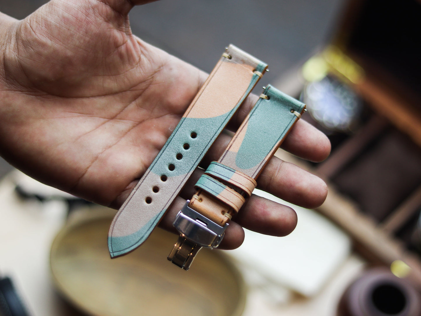 ITALIAN WAXED CAMOUFLAGE HAND-CRAFTED STRAPS MINIMAL STITCHED - MILITARY GREEN (Copy)