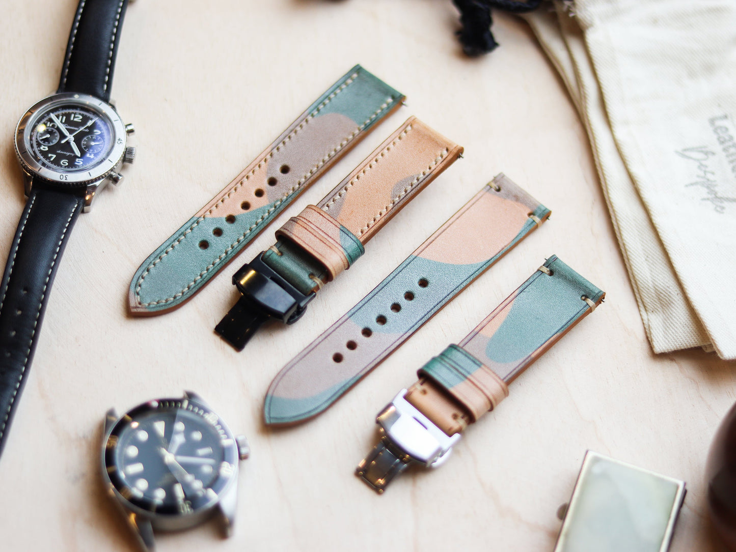 ITALIAN WAXED CAMOUFLAGE HAND-CRAFTED STRAPS MINIMAL STITCHED - MILITARY GREEN (Copy)