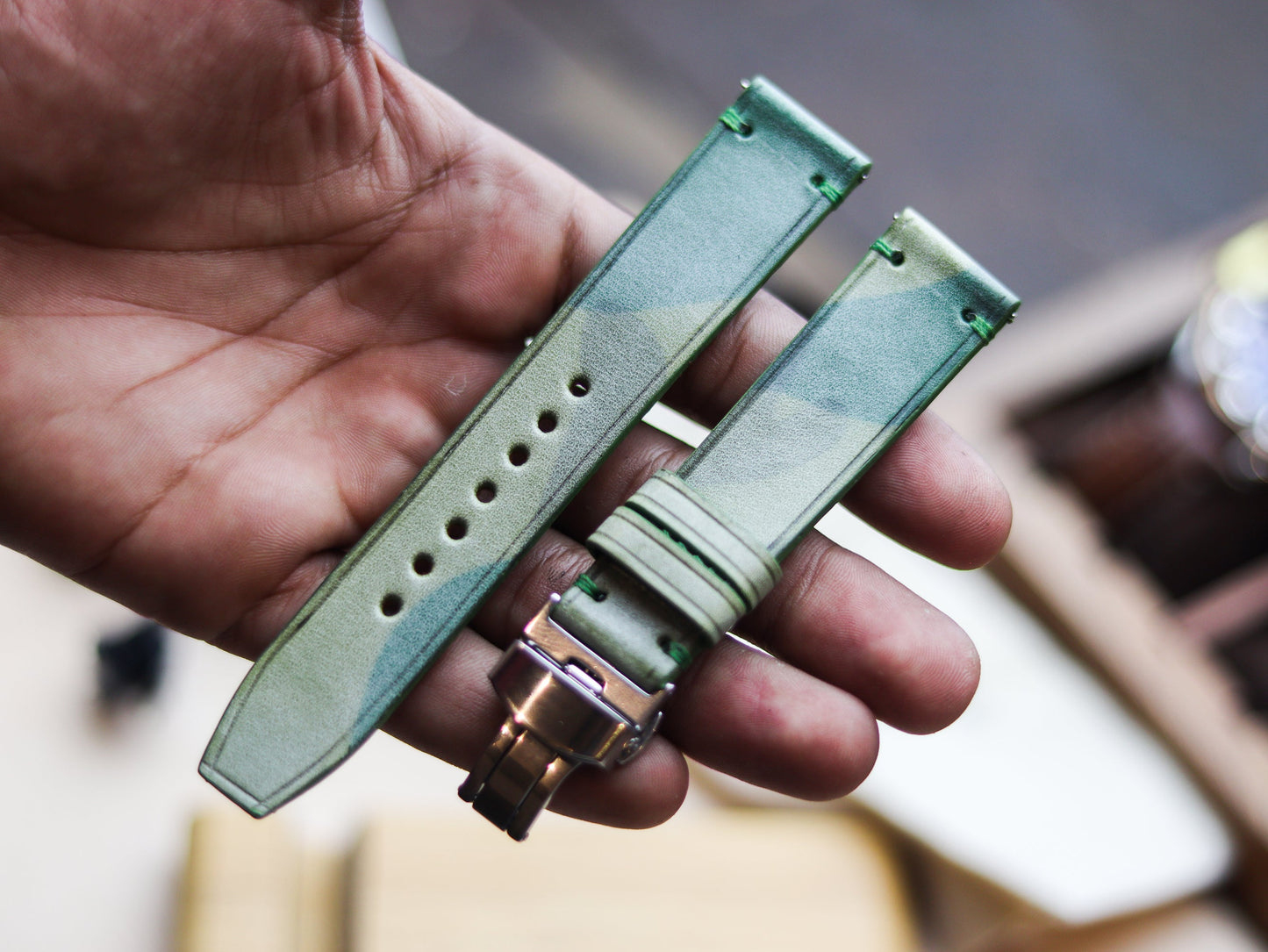 ITALIAN WAXED CAMOUFLAGE HAND-CRAFTED STRAPS MINIMAL STITCHED - LIME GREEN