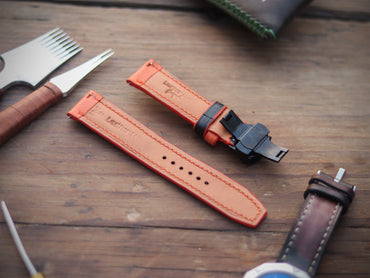 TANGERINE ORANGE & BLACK ITALIAN CHEVRE LEATHER WATCH STRAPS - PADDED