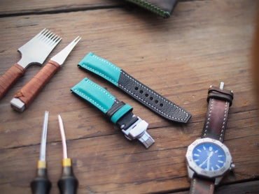 CYAN BLUE & BLACK ITALIAN CHEVRE LEATHER WATCH STRAPS - PADDED