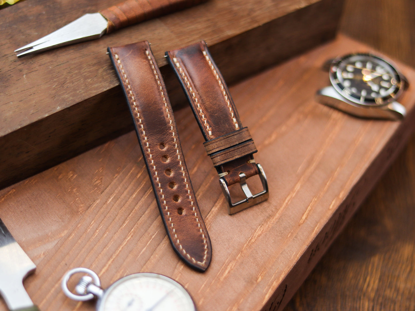 WHISKY BROWN CALF LEATHER WATCH STRAPS - PADDED