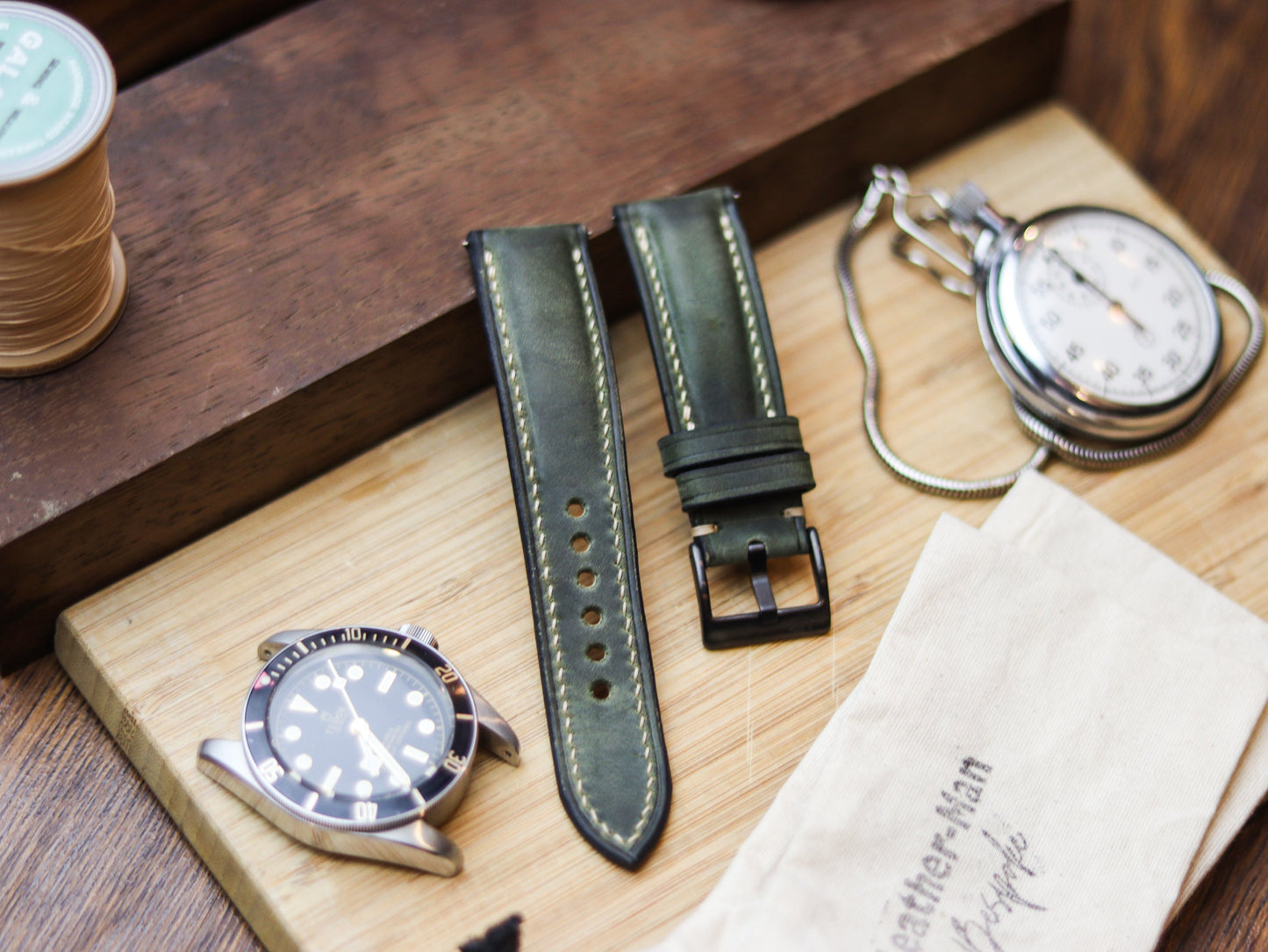 BASIL GREEN CALF LEATHER WATCH STRAPS - PADDED