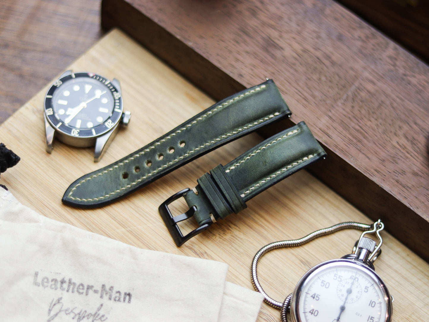 BASIL GREEN CALF LEATHER WATCH STRAPS - PADDED