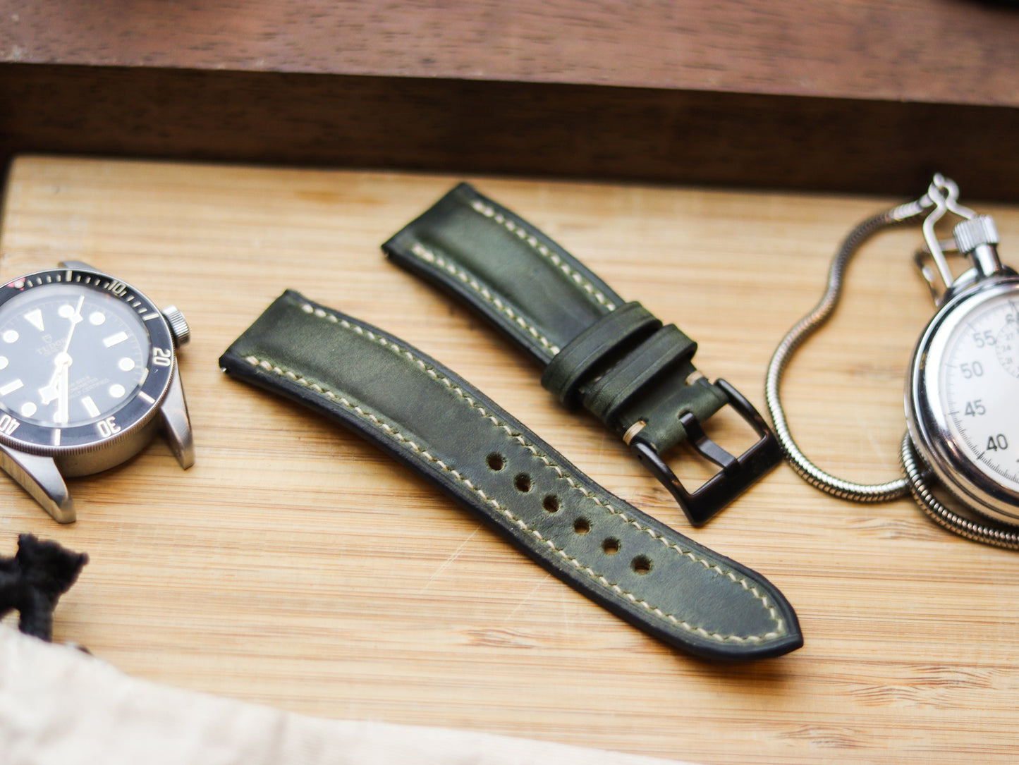 BASIL GREEN CALF LEATHER WATCH STRAPS - PADDED