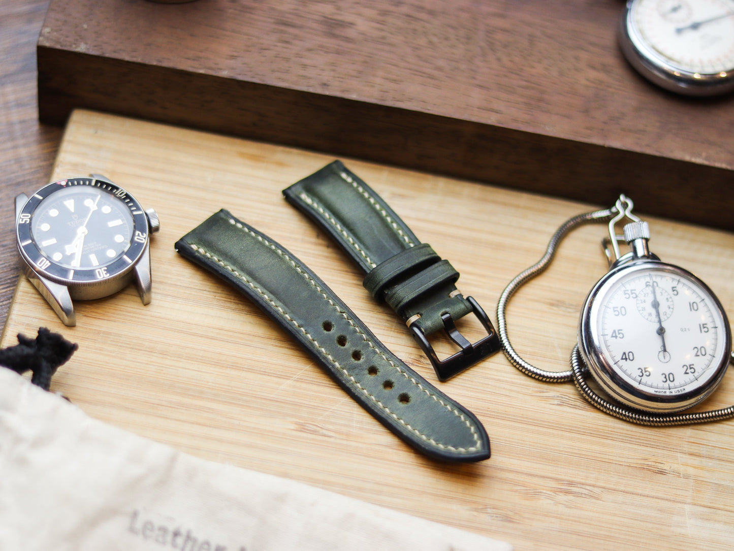 BASIL GREEN CALF LEATHER WATCH STRAPS - PADDED