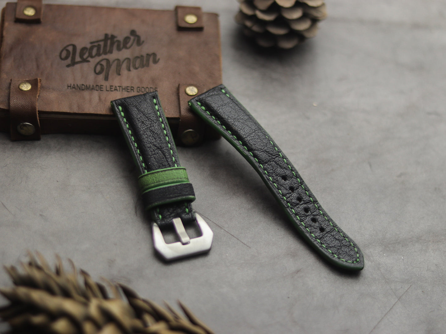 ITALIAN CHEVRE BLACK LEATHER ( GREEN ACCENT) - PADDED