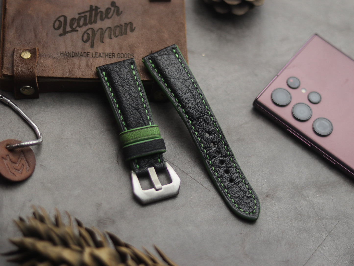 ITALIAN CHEVRE BLACK LEATHER ( GREEN ACCENT) - PADDED