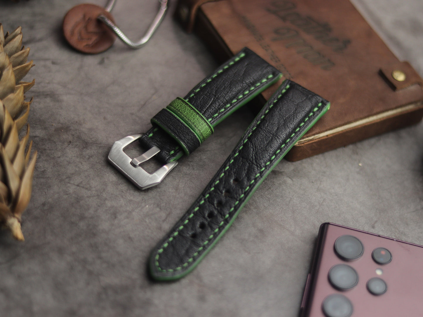 ITALIAN CHEVRE BLACK LEATHER ( GREEN ACCENT) - PADDED