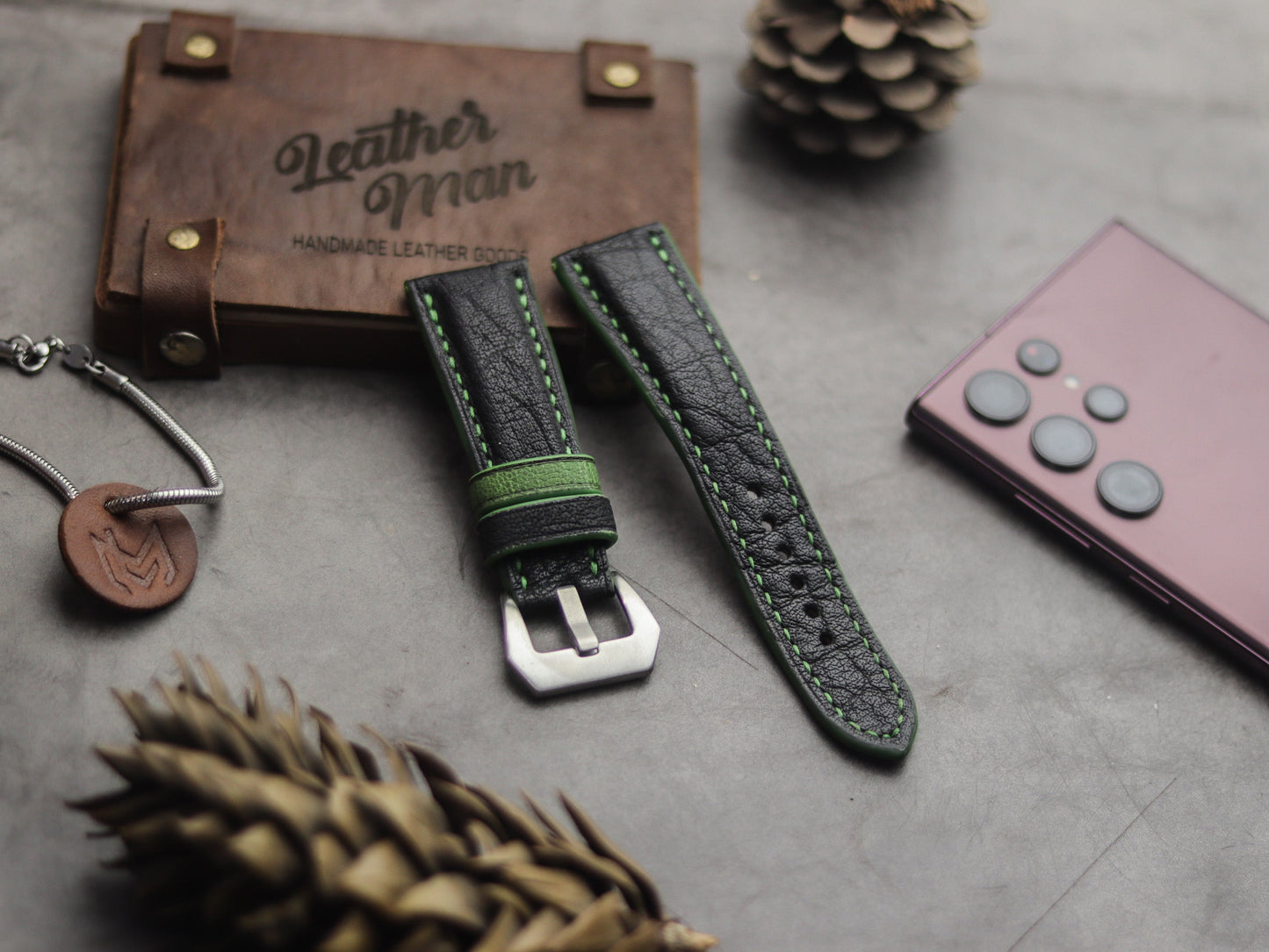 ITALIAN CHEVRE BLACK LEATHER ( GREEN ACCENT) - PADDED