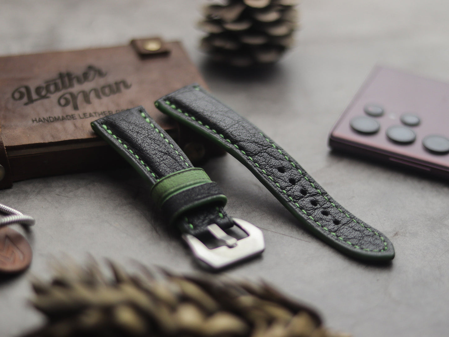 ITALIAN CHEVRE BLACK LEATHER ( GREEN ACCENT) - PADDED