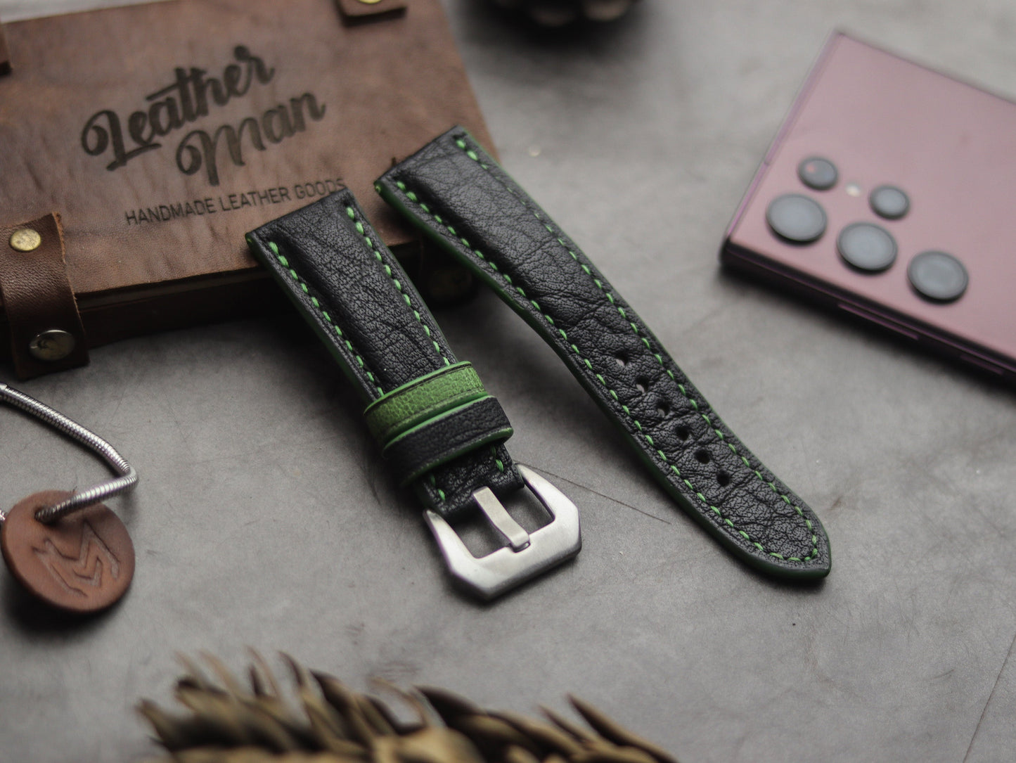 ITALIAN CHEVRE BLACK LEATHER ( GREEN ACCENT) - PADDED