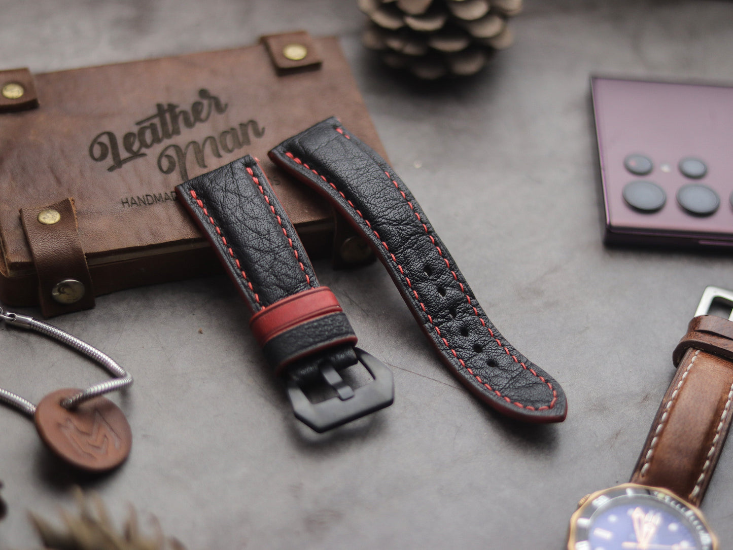 ITALIAN CHEVRE BLACK LEATHER ( RED ACCENT) - PADDED