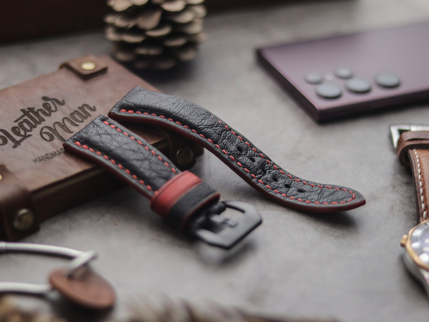 ITALIAN CHEVRE BLACK LEATHER ( RED ACCENT) - PADDED