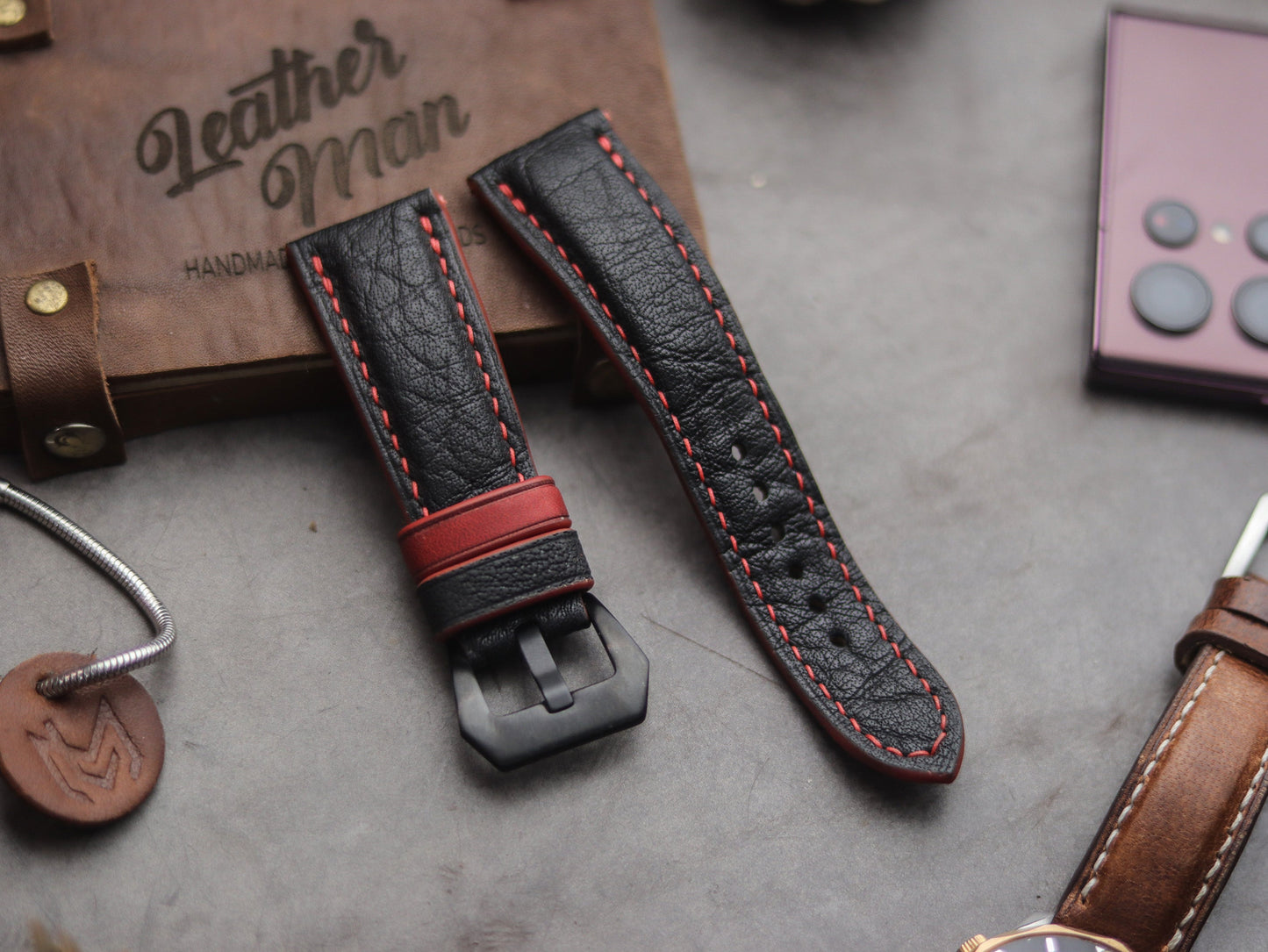 ITALIAN CHEVRE BLACK LEATHER ( RED ACCENT) - PADDED