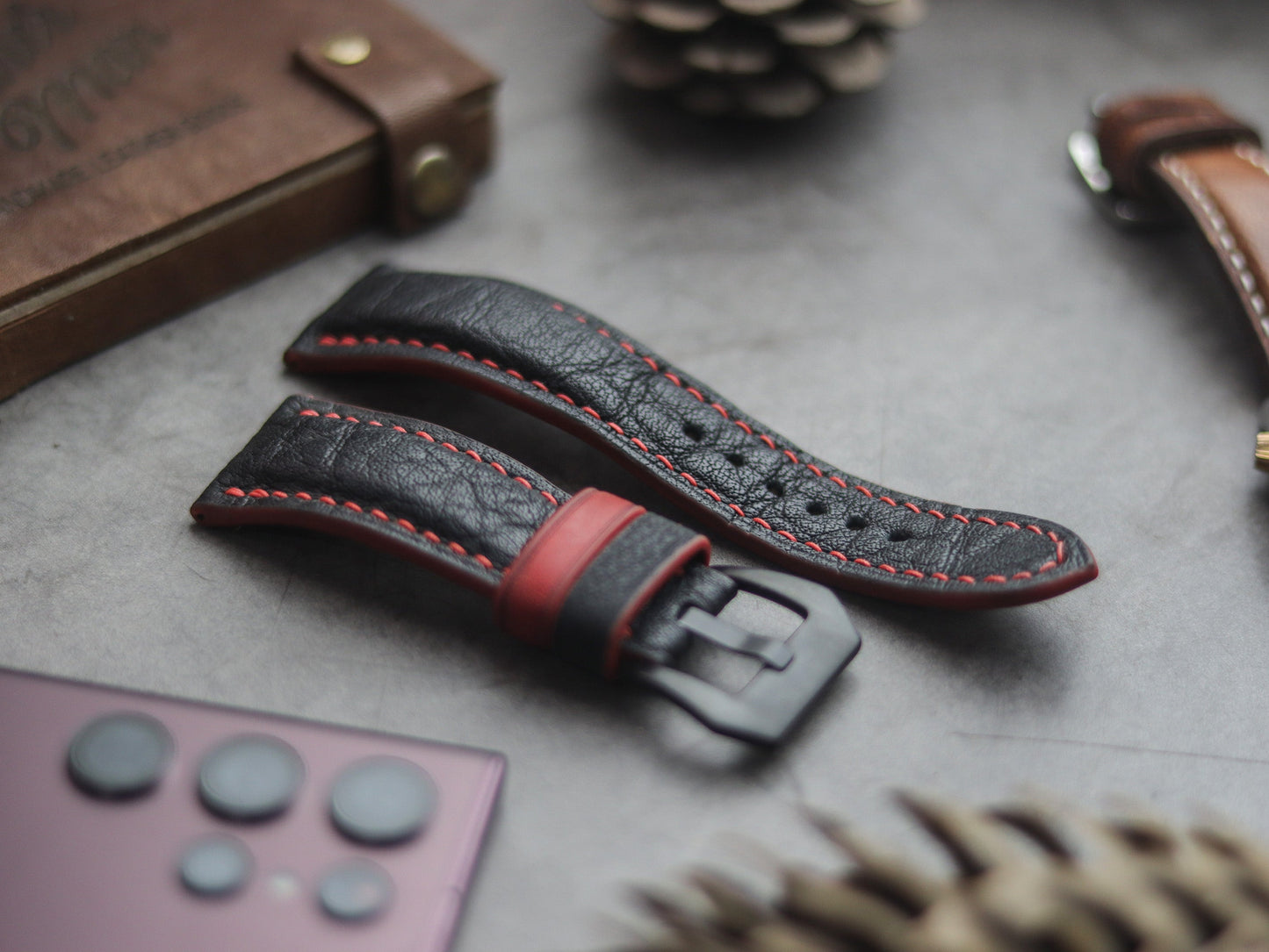 ITALIAN CHEVRE BLACK LEATHER ( RED ACCENT) - PADDED