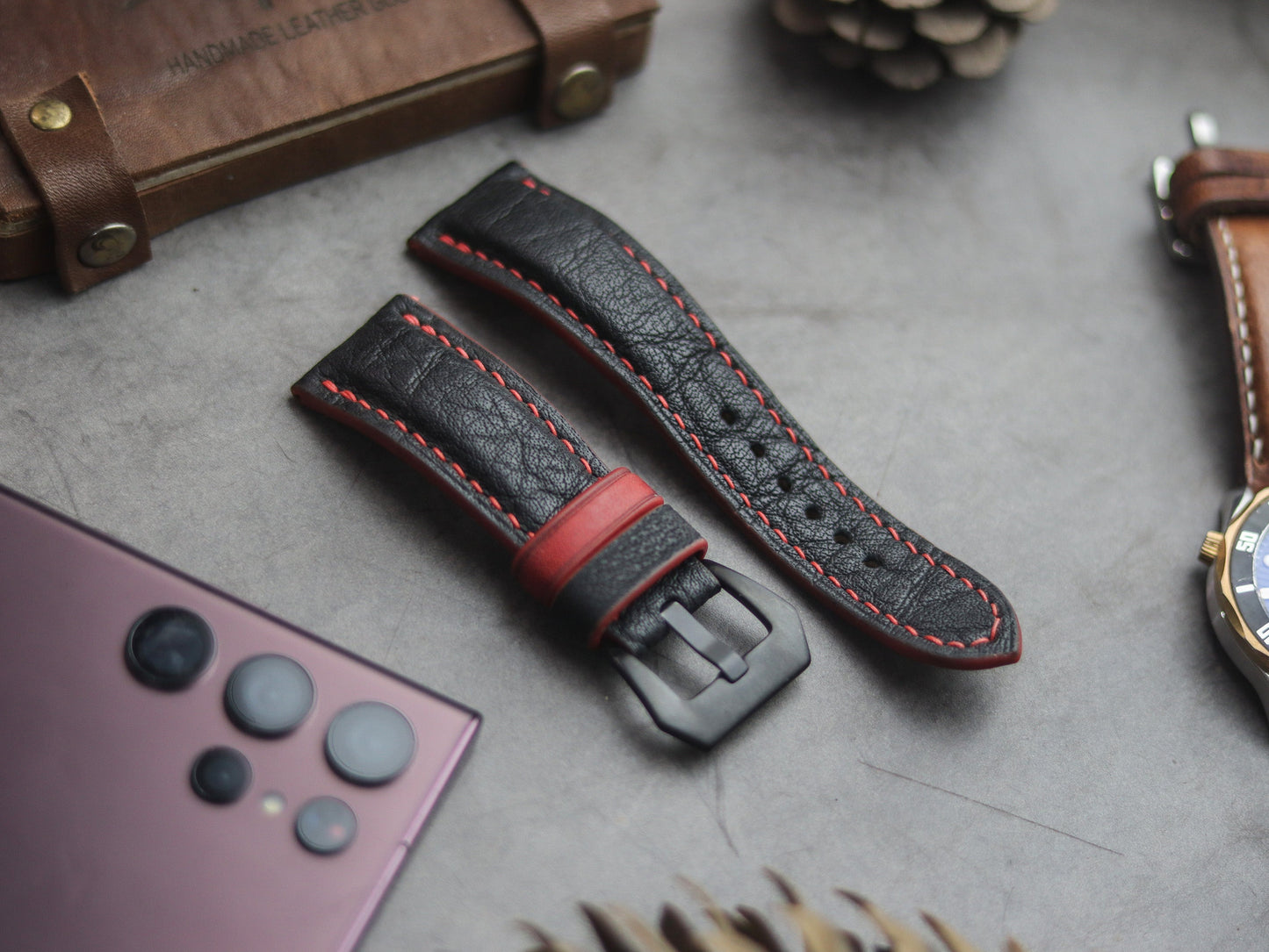 ITALIAN CHEVRE BLACK LEATHER ( RED ACCENT) - PADDED