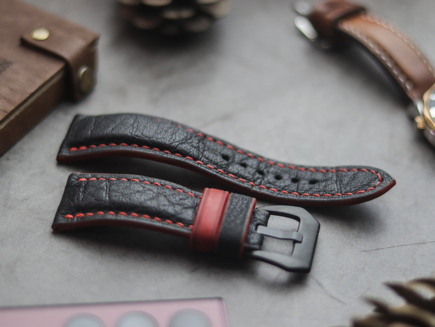 ITALIAN CHEVRE BLACK LEATHER ( RED ACCENT) - PADDED