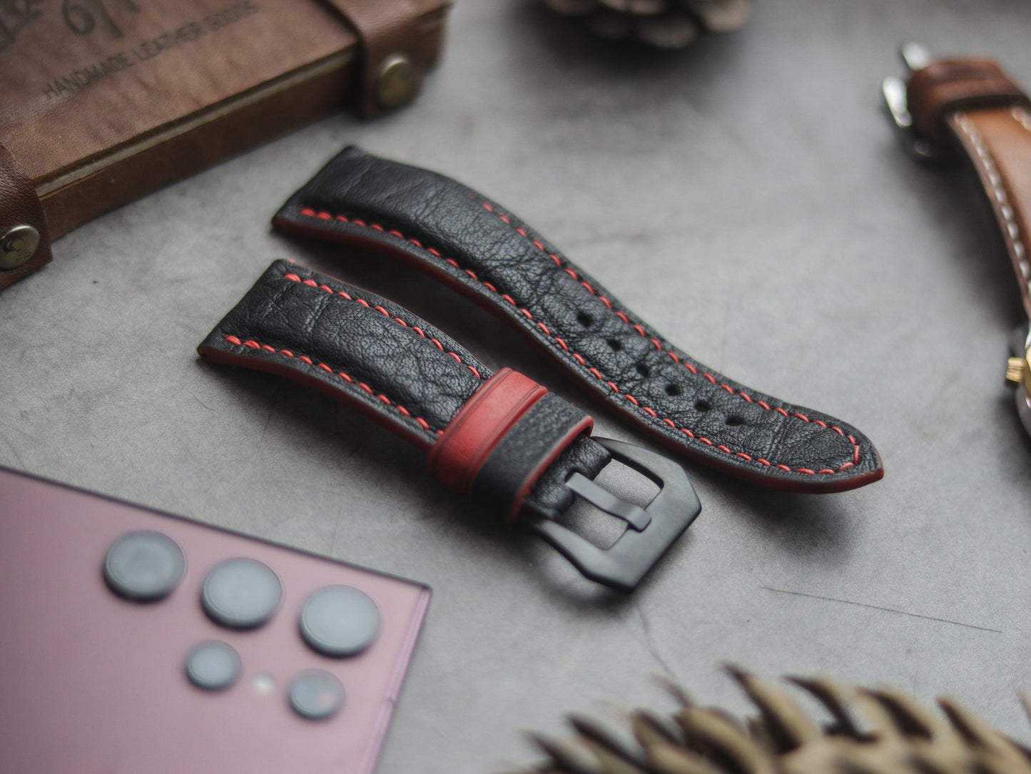 ITALIAN CHEVRE BLACK LEATHER ( RED ACCENT) - PADDED