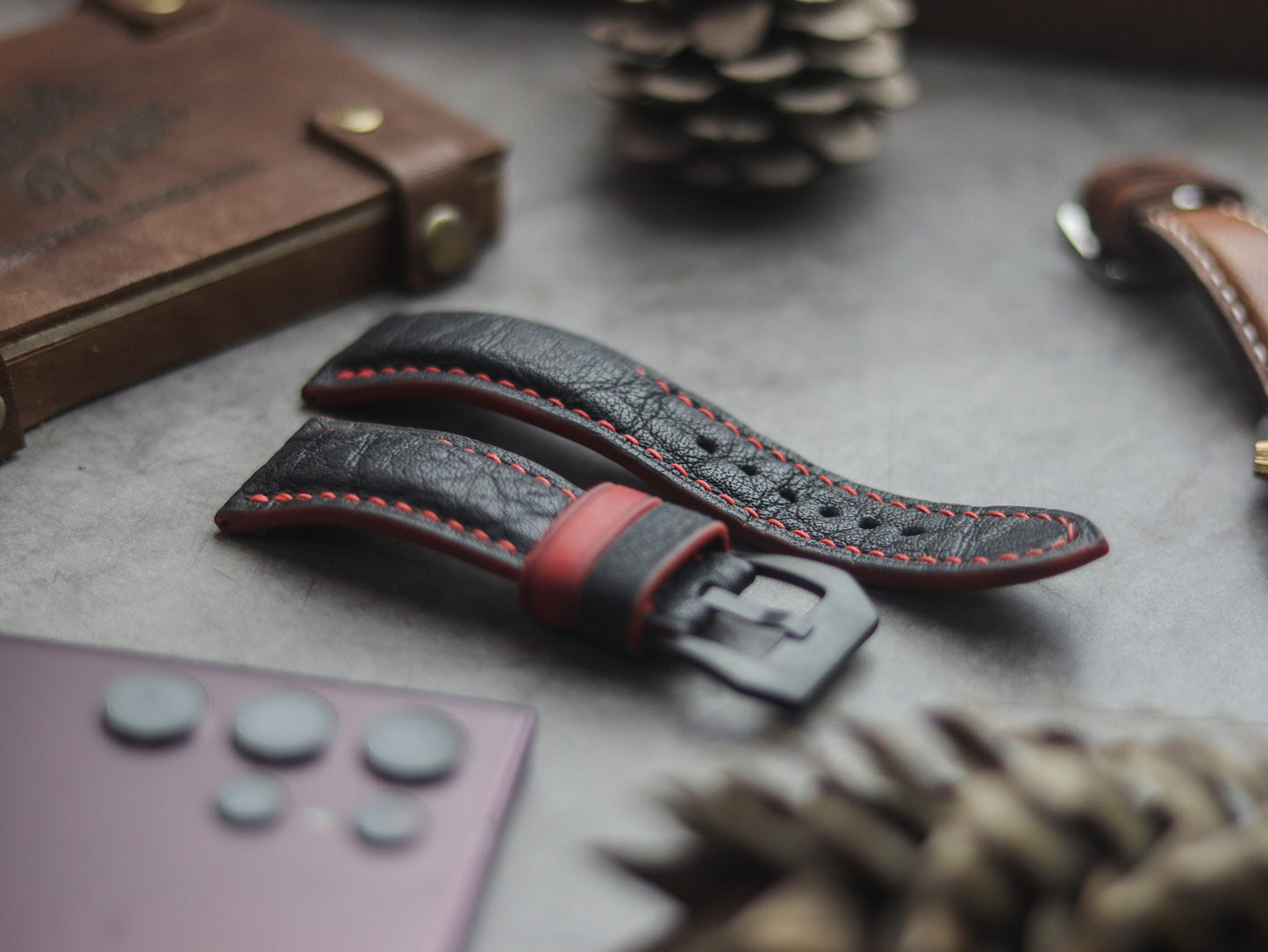 ITALIAN CHEVRE BLACK LEATHER ( RED ACCENT) - PADDED
