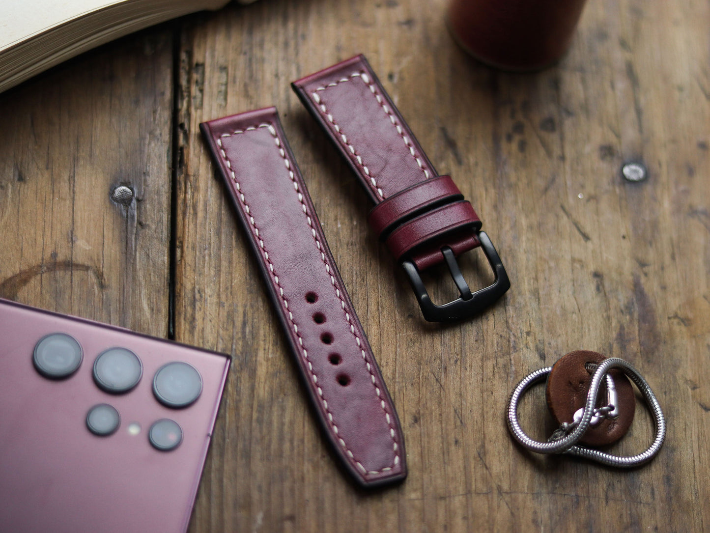 CARMINE BURGUNDY HAND-CRAFTED WATCH STRAPS - BOX STITCHED