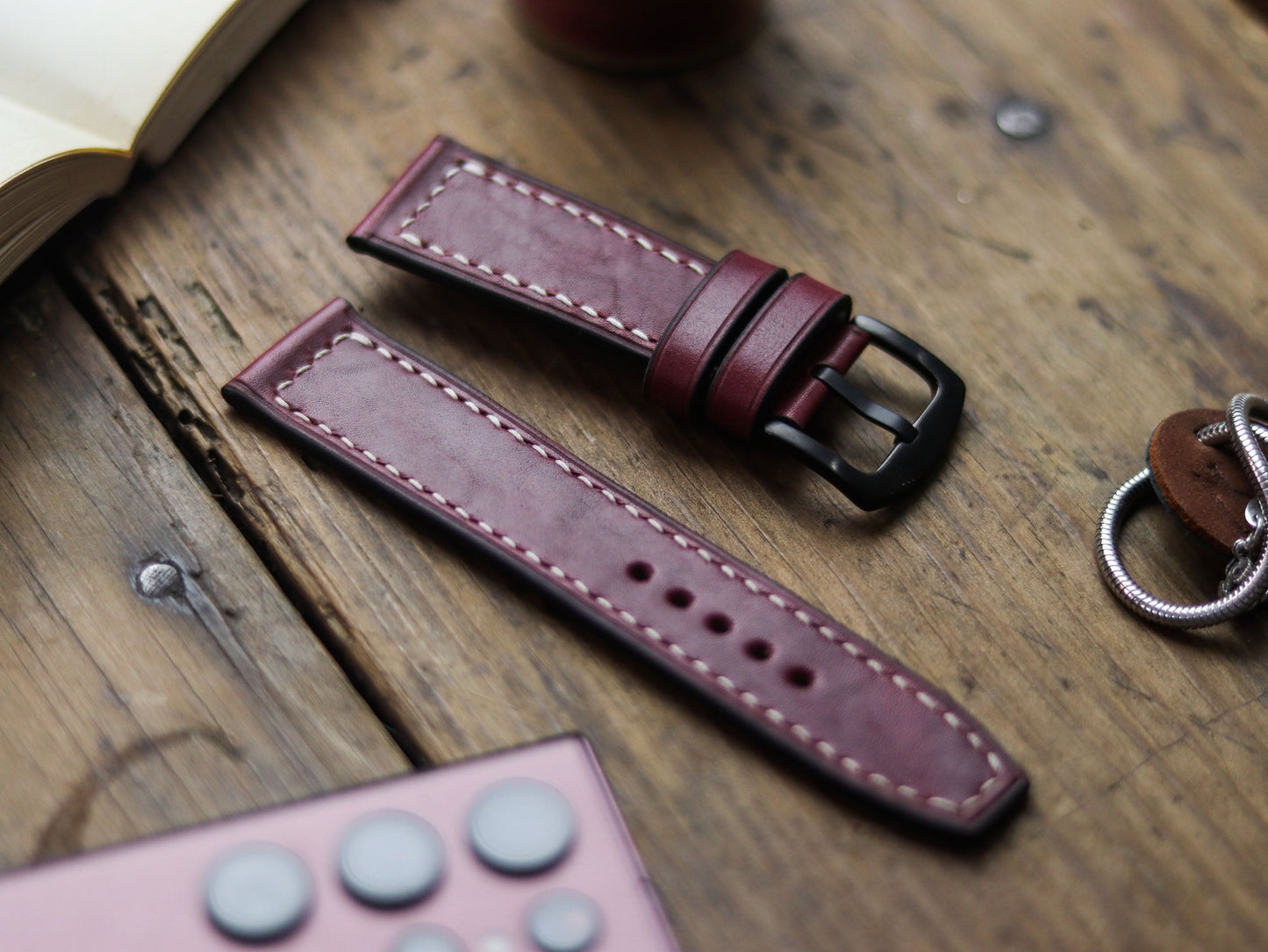 CARMINE BURGUNDY HAND-CRAFTED WATCH STRAPS - BOX STITCHED