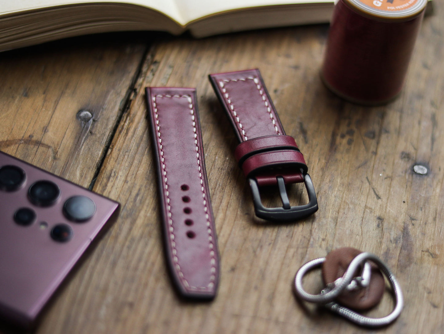 CARMINE BURGUNDY HAND-CRAFTED WATCH STRAPS - BOX STITCHED