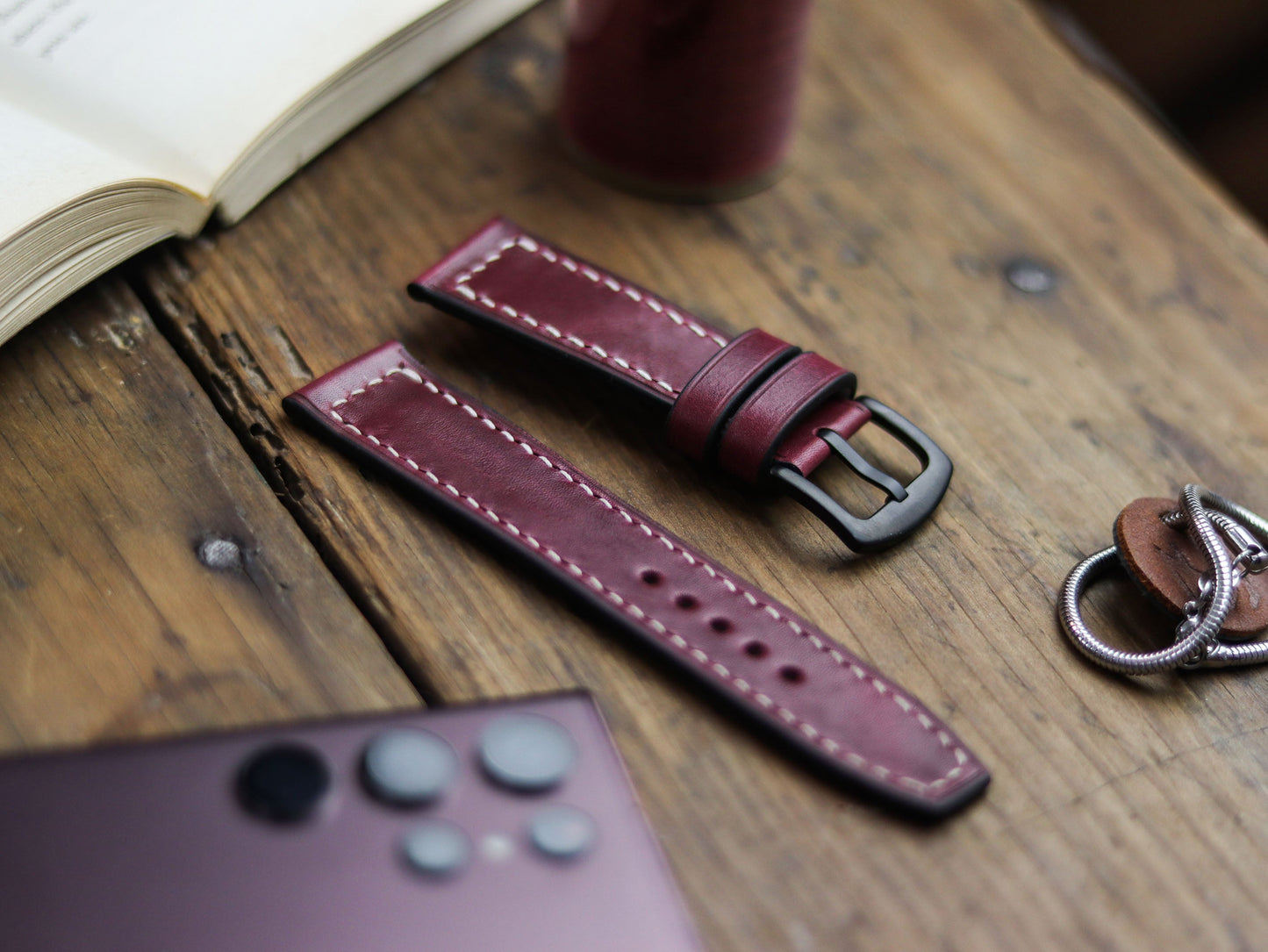 CARMINE BURGUNDY HAND-CRAFTED WATCH STRAPS - BOX STITCHED
