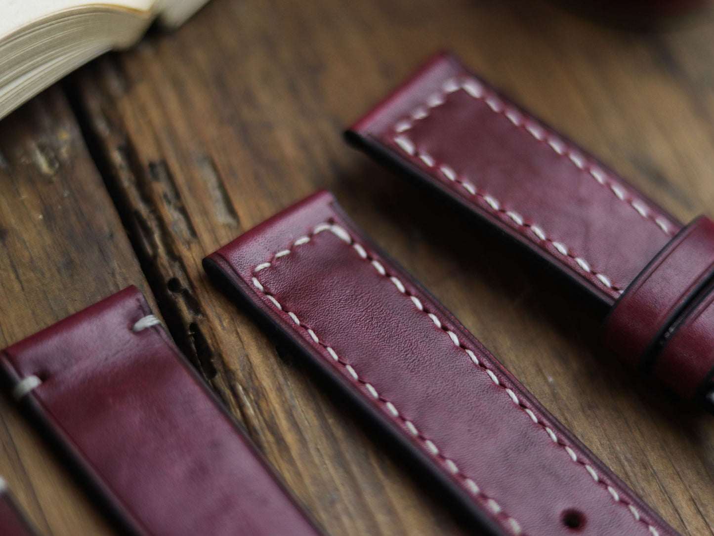 CARMINE BURGUNDY HAND-CRAFTED WATCH STRAPS - BOX STITCHED