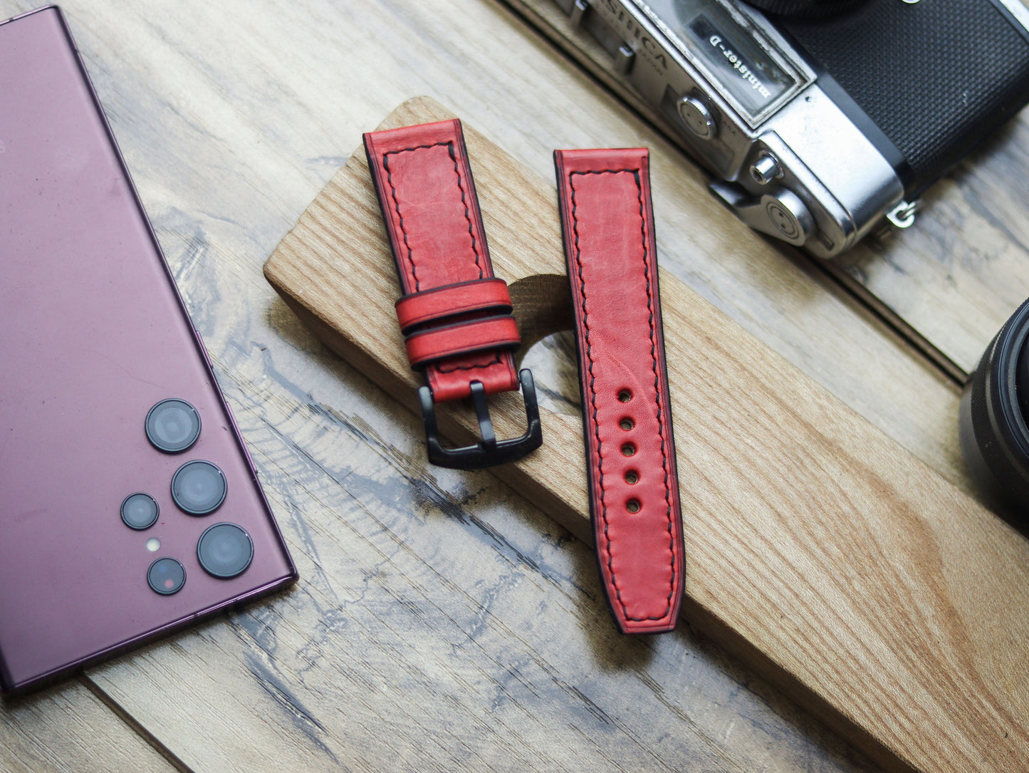 PRISMATIC RED HAND-CRAFTED WATCH STRAPS - BOX STITCHED