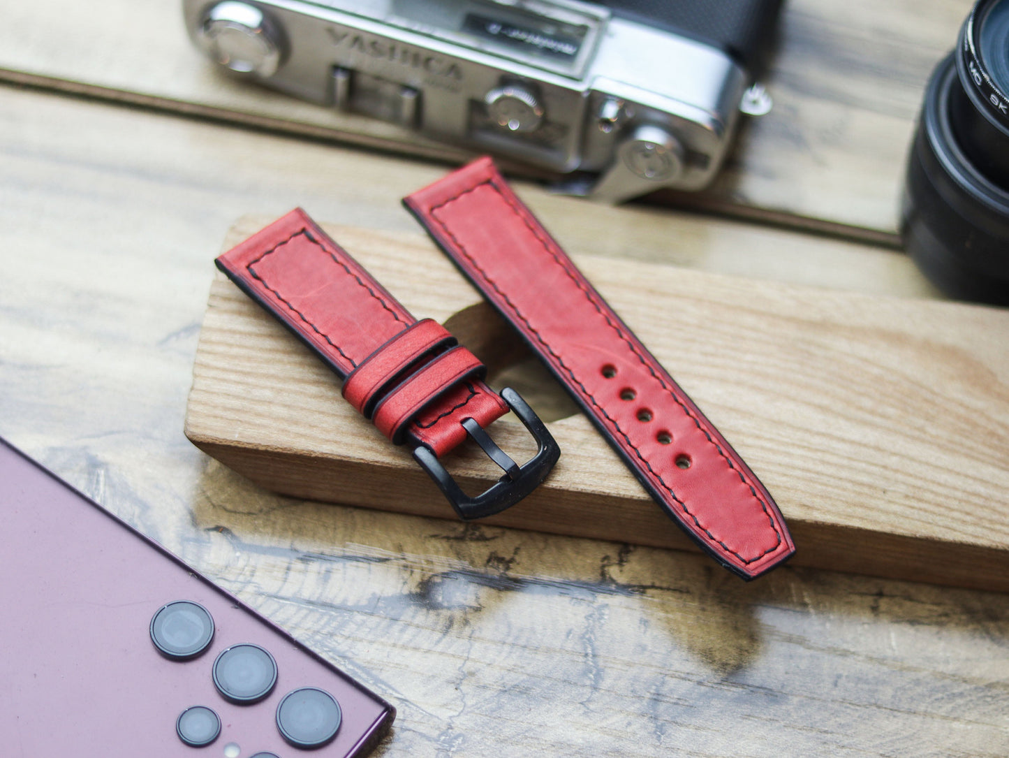 PRISMATIC RED HAND-CRAFTED WATCH STRAPS - BOX STITCHED