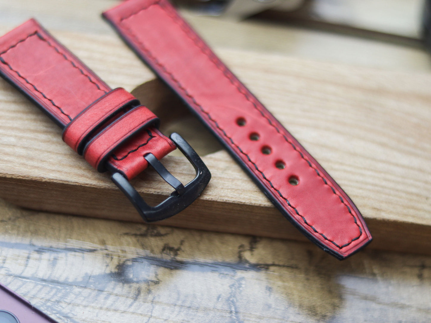 PRISMATIC RED HAND-CRAFTED WATCH STRAPS - BOX STITCHED