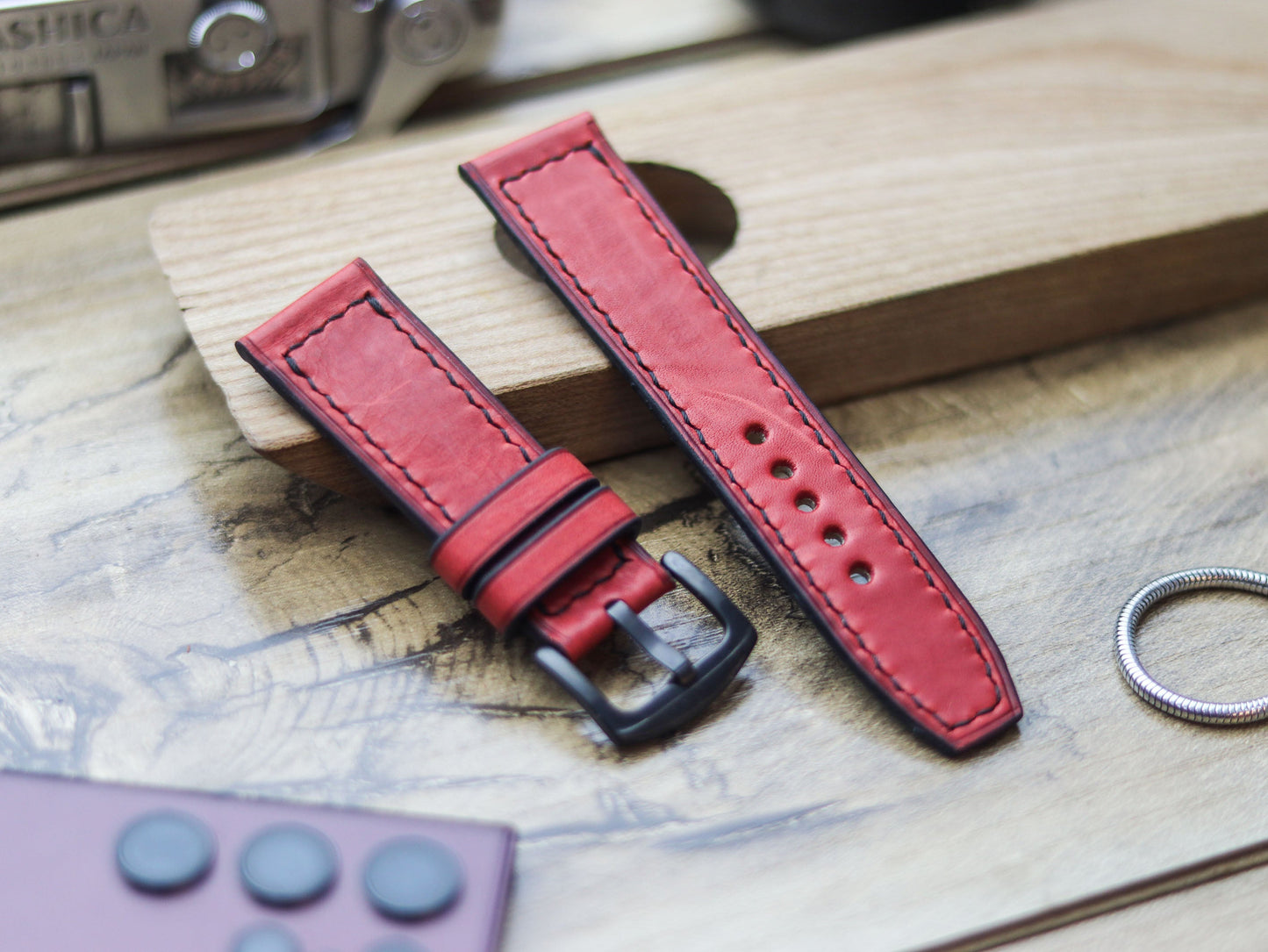 PRISMATIC RED HAND-CRAFTED WATCH STRAPS - BOX STITCHED