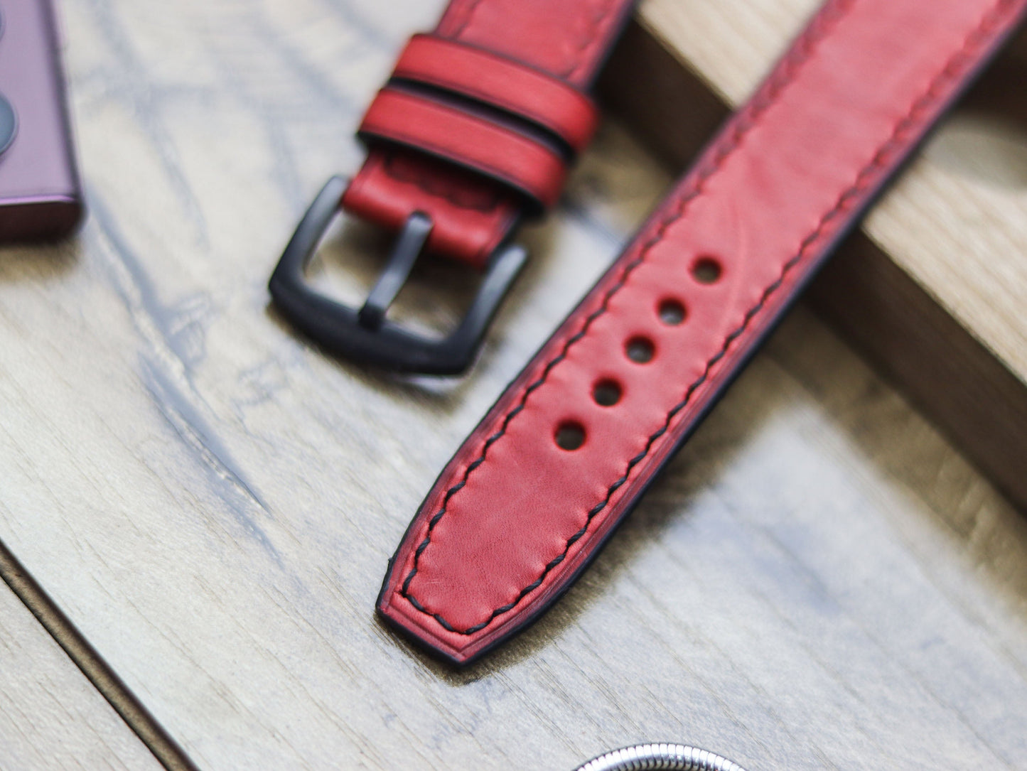 PRISMATIC RED HAND-CRAFTED WATCH STRAPS - BOX STITCHED